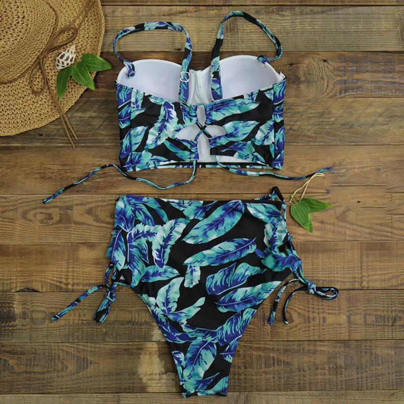 High Waist Swimwear Women Swimsuit Bikini Bandage Set Padded Bathing Suit Leaf Print