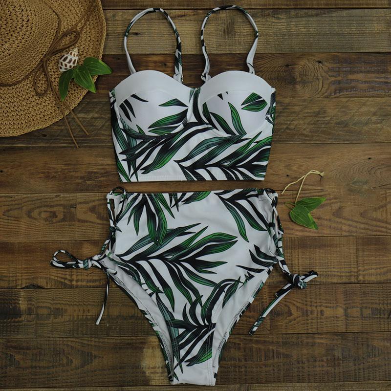 High Waist Swimwear Women Swimsuit Bikini Bandage Set Padded Bathing Suit Leaf Print