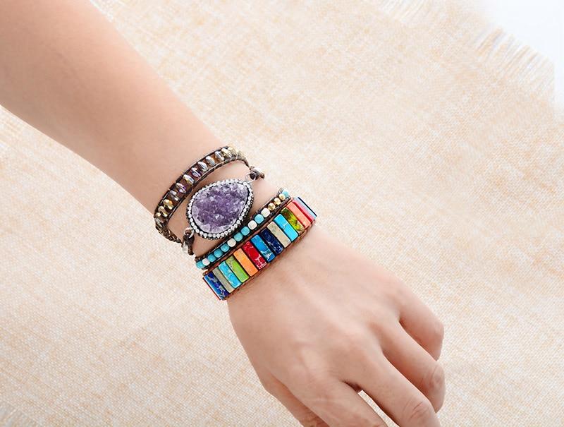 Handmade Multi Color Natural Stone Tube Beads Leather Wrap Bracelet Couples Bracelets