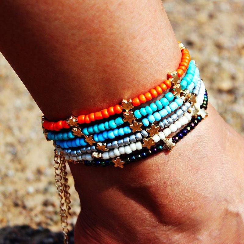 Bohemia Beads Vintage Leather Rope Leg Anklet Moon Sun Charm Beach Jewelry