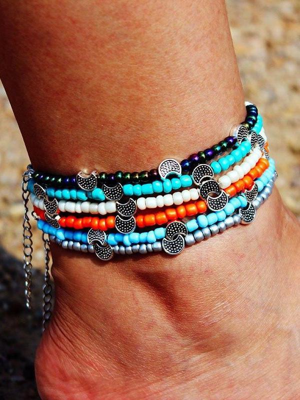 Bohemia Beads Vintage Leather Rope Leg Anklet Moon Sun Charm Beach Jewelry