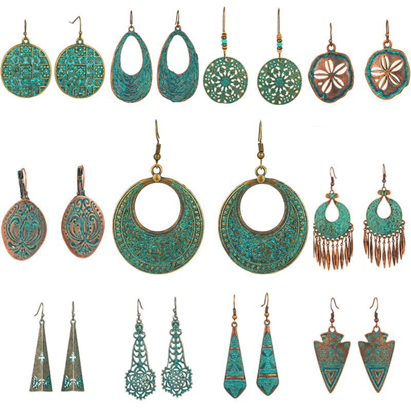 Bohemian Statement Exaggerated antique green metal water drop earrings for women