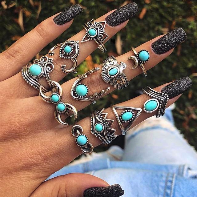 Boho Vintage Ancient Silver Knuckle Ring Set