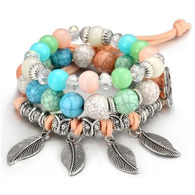 Fashion Vintage Ethnic Elasticity Marble Beads Boho Statement Leaves Bangle Bracelet