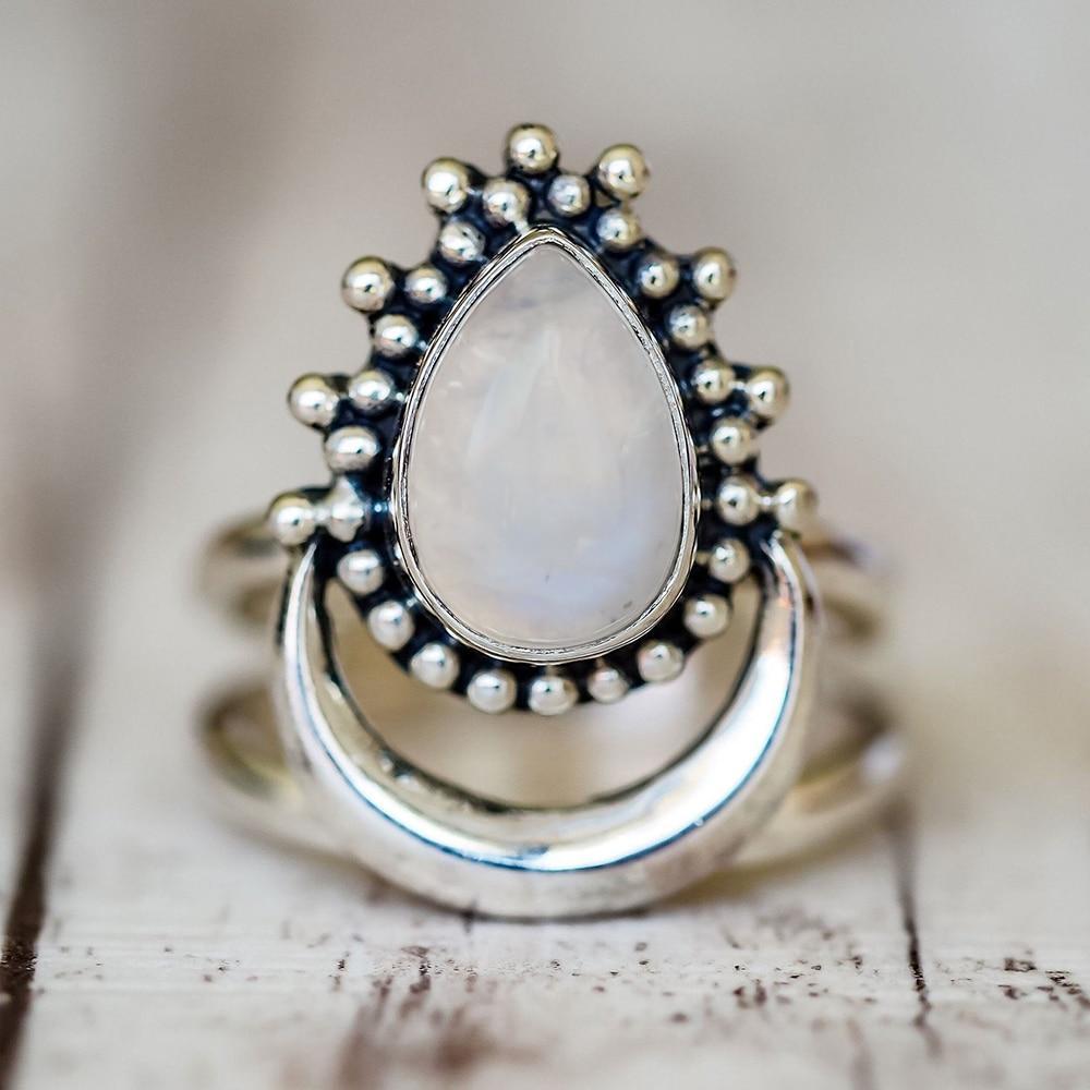 Women Bohemian Fashion Silver Color Natural Stone Moon White Opal Ring Jewelry