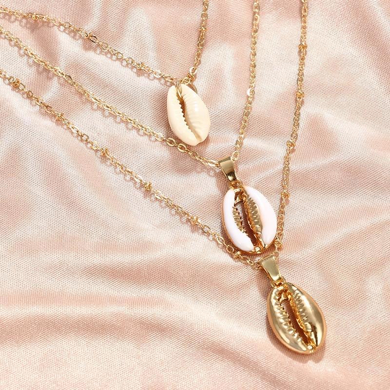 Three Layers Shell Pendant Necklace Natural Shell Gold Cowrie Women Necklace Bohemian Jewelry