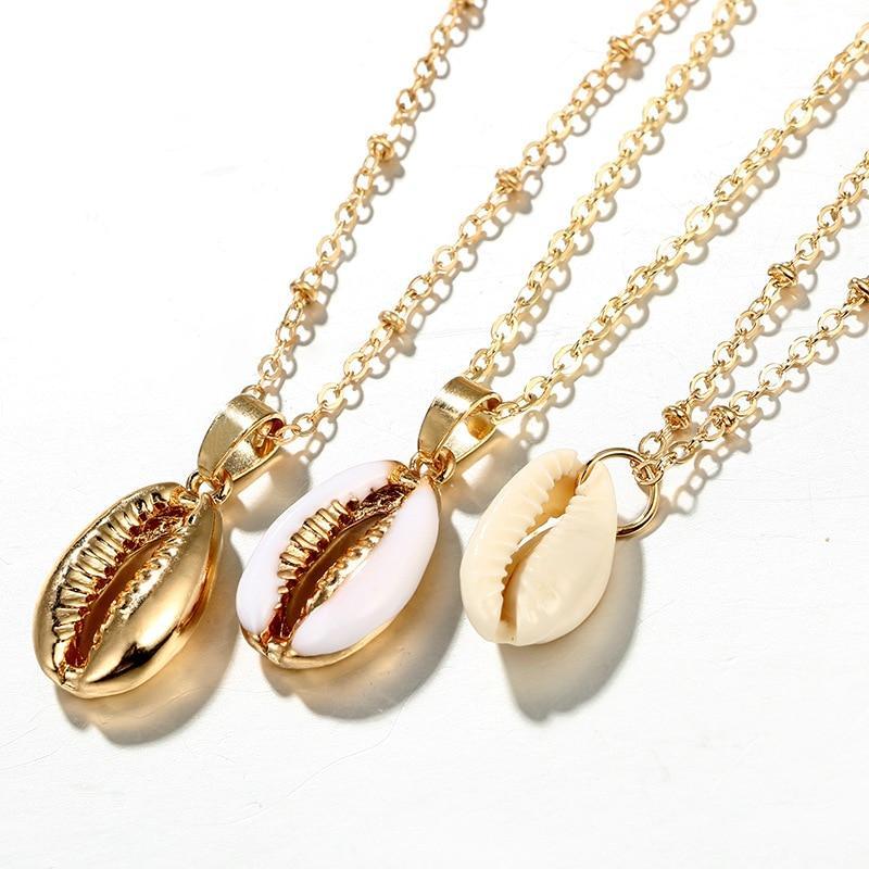 Three Layers Shell Pendant Necklace Natural Shell Gold Cowrie Women Necklace Bohemian Jewelry