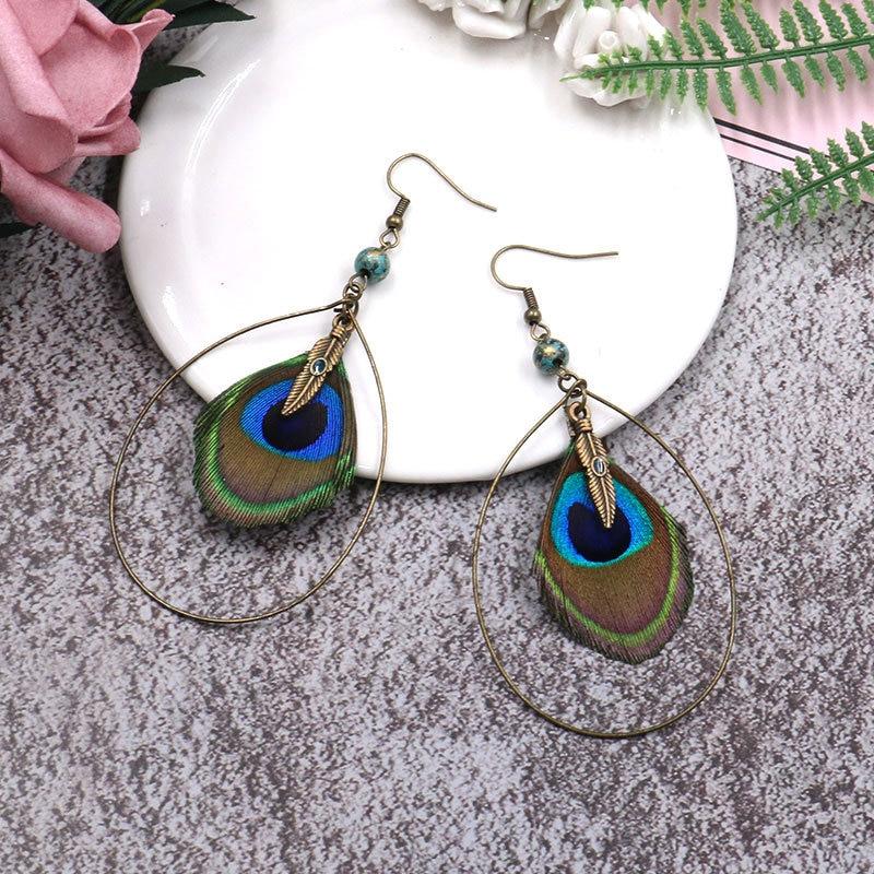 Boho Vintage Feather Peacock Metal Circle Earring Jewelry