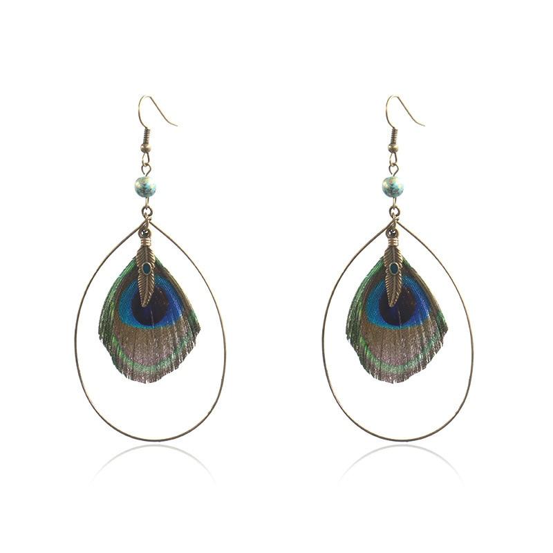 Boho Vintage Feather Peacock Metal Circle Earring Jewelry