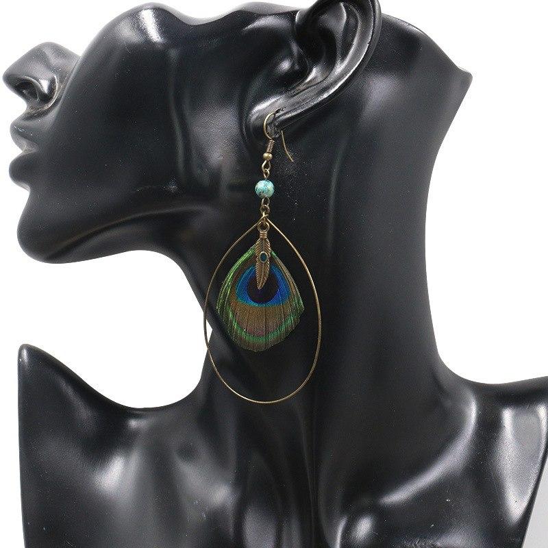 Boho Vintage Feather Peacock Metal Circle Earring Jewelry