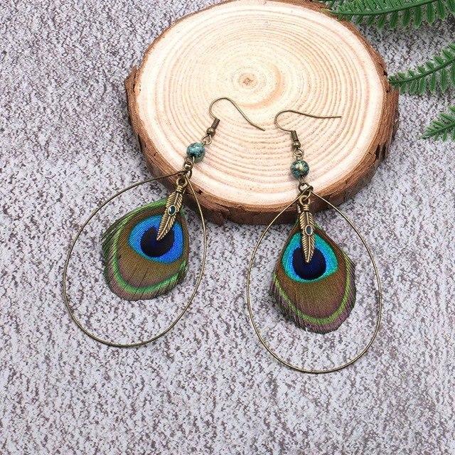 Boho Vintage Feather Peacock Metal Circle Earring Jewelry