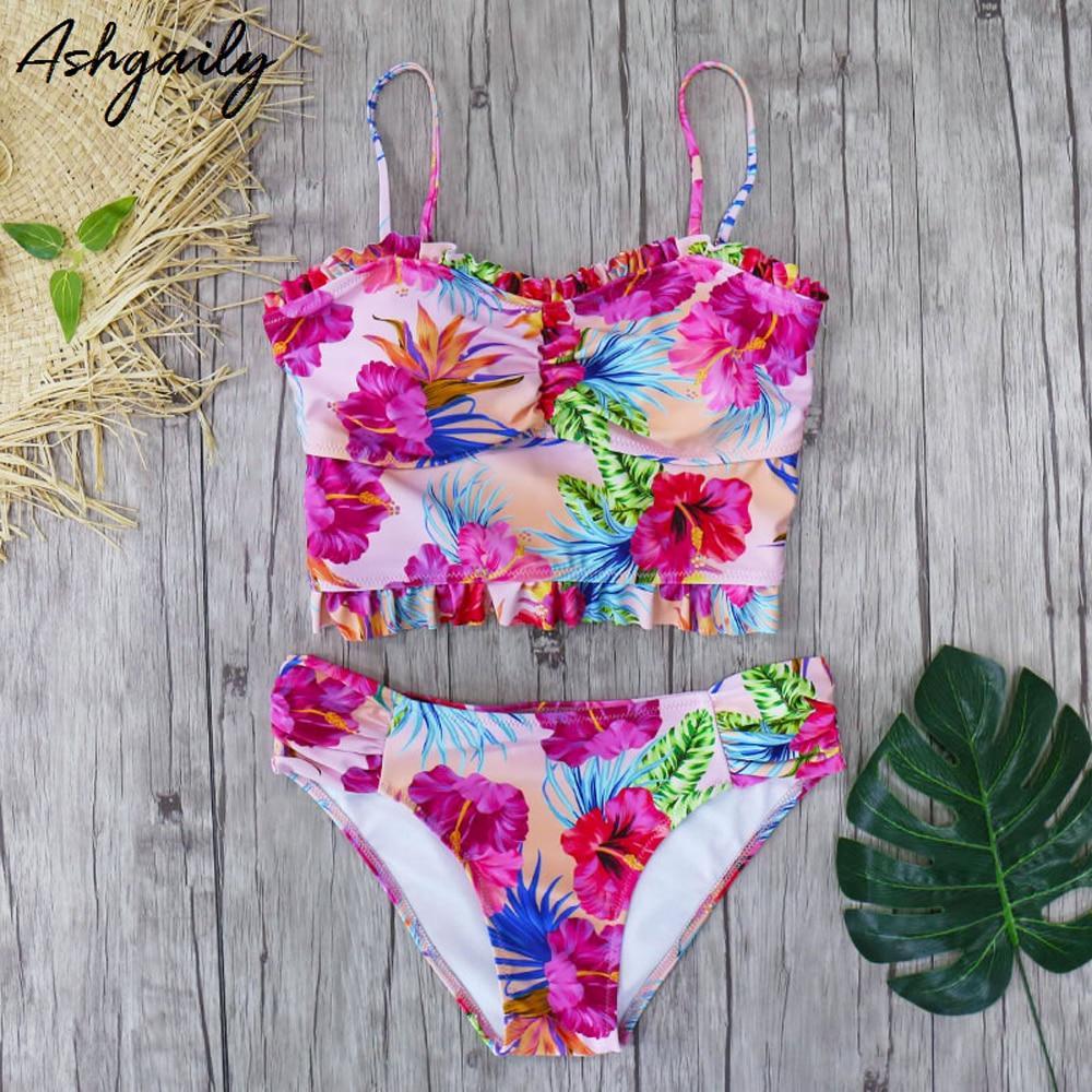 High Waist Swimwear Women Swimsuit Bikini Bandage Set Padded Bathing Suit Leaf Print