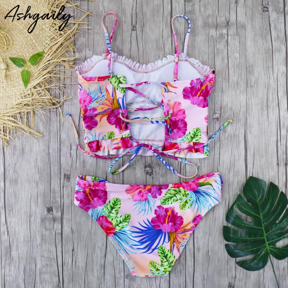 High Waist Swimwear Women Swimsuit Bikini Bandage Set Padded Bathing Suit Leaf Print