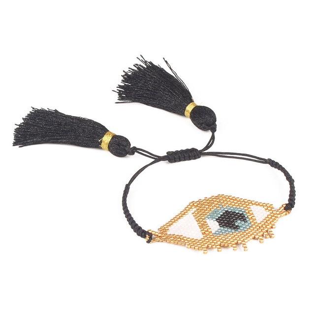 Boho Evil Eye Bracelet Gold Delica Seed Beads Tassel Women Jewelry