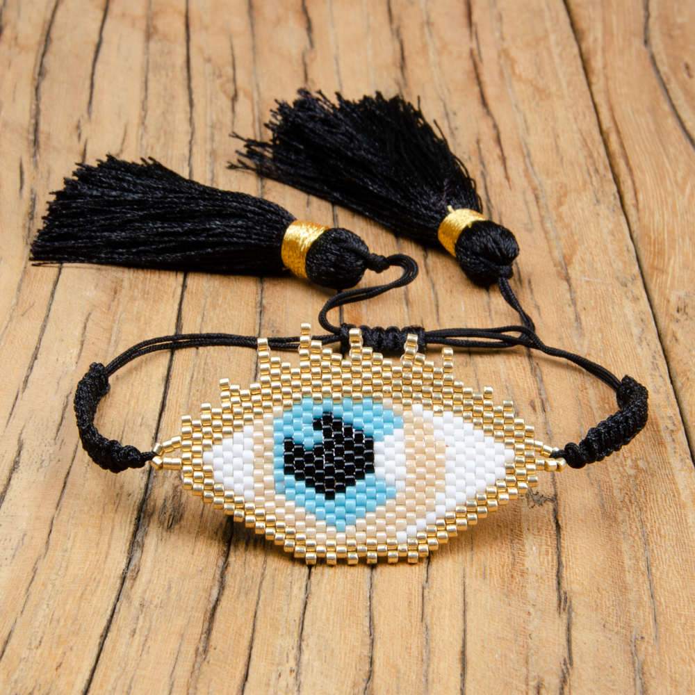 Boho Evil Eye Bracelet Gold Delica Seed Beads Tassel Women Jewelry