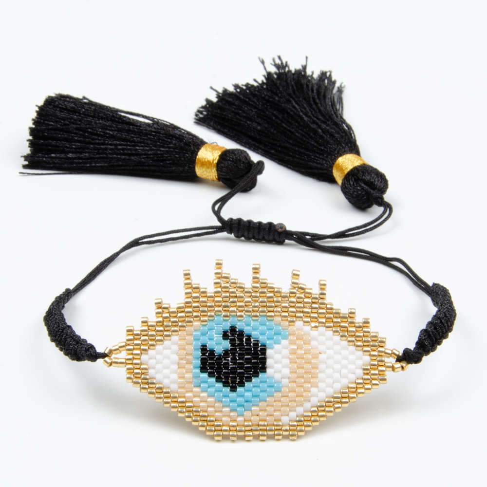 Boho Evil Eye Bracelet Gold Delica Seed Beads Tassel Women Jewelry