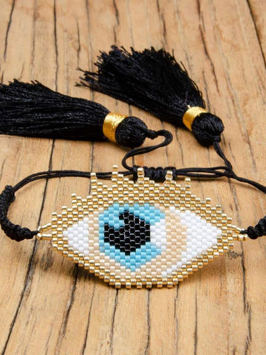 Boho Evil Eye Bracelet Gold Delica Seed Beads Tassel Women Jewelry