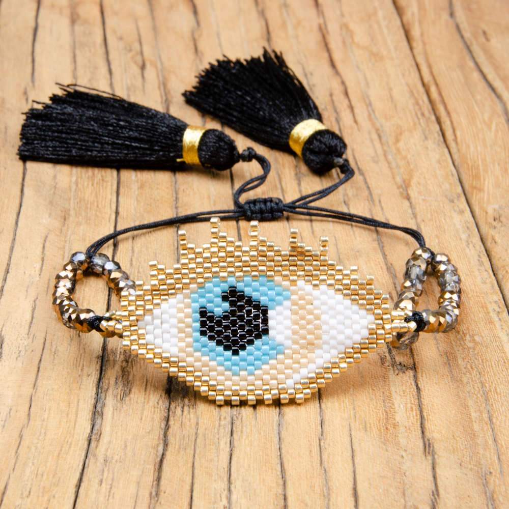 Boho Evil Eye Bracelet Gold Delica Seed Beads Tassel Women Jewelry