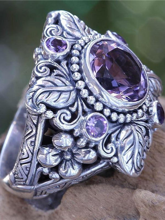 Vintage Boho Flower Purple Crystal Finger Ring Bohemian Jewelry