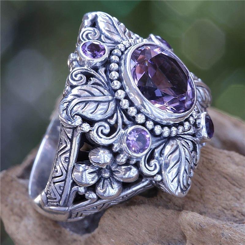 Vintage Boho Flower Purple Crystal Finger Ring Bohemian Jewelry