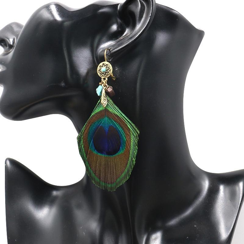 Vintage Peacock Feather Piercing Clip Earrings for Women