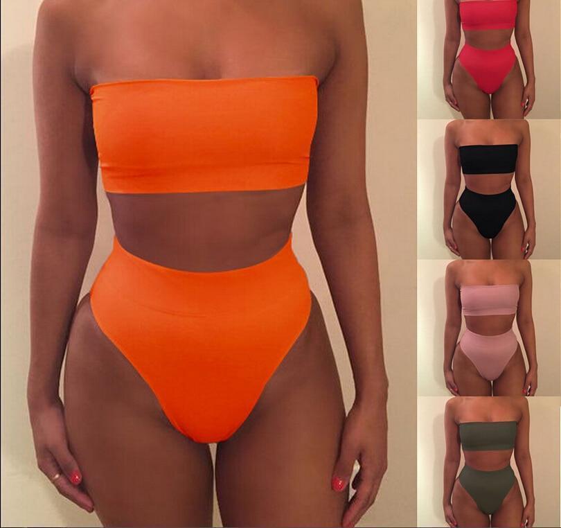 Bikini Strapless Swimwear Women Solid 6 Color Swimsuit Sexy Off Shoulder Bathing Suit high waist bikini