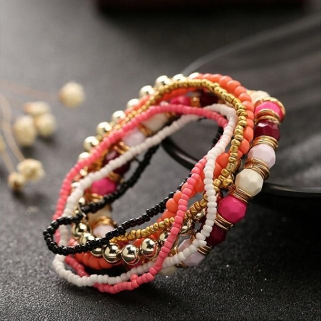 7 Pcs Set Four Seasons Bohemian Multi-layer Beaded Jewelry Elastic Bracelet