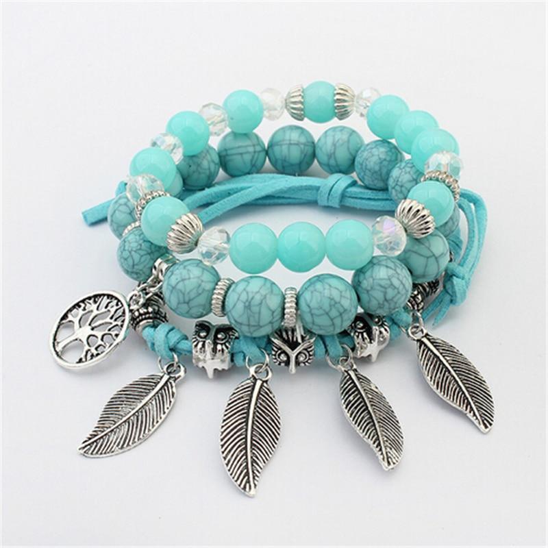 Fashion Vintage Ethnic Elasticity Marble Beads Boho Statement Leaves Bangle Bracelet