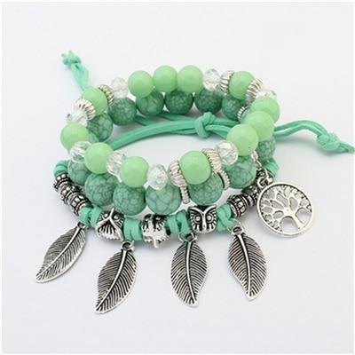 Fashion Vintage Ethnic Elasticity Marble Beads Boho Statement Leaves Bangle Bracelet