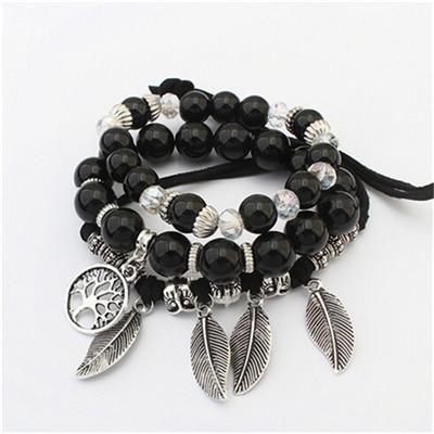 Fashion Vintage Ethnic Elasticity Marble Beads Boho Statement Leaves Bangle Bracelet