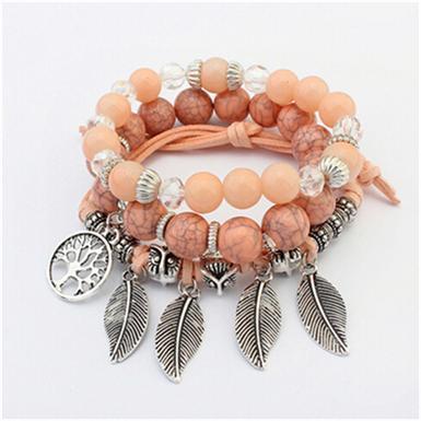 Fashion Vintage Ethnic Elasticity Marble Beads Boho Statement Leaves Bangle Bracelet