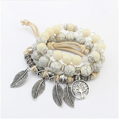 Fashion Vintage Ethnic Elasticity Marble Beads Boho Statement Leaves Bangle Bracelet