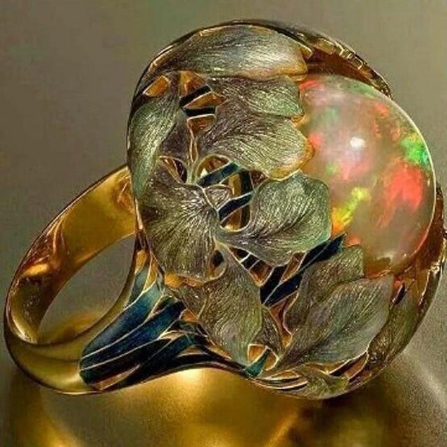 Flower Stone Opal Anel Exaggerated Personality Fabulous Gold Anillos Ring