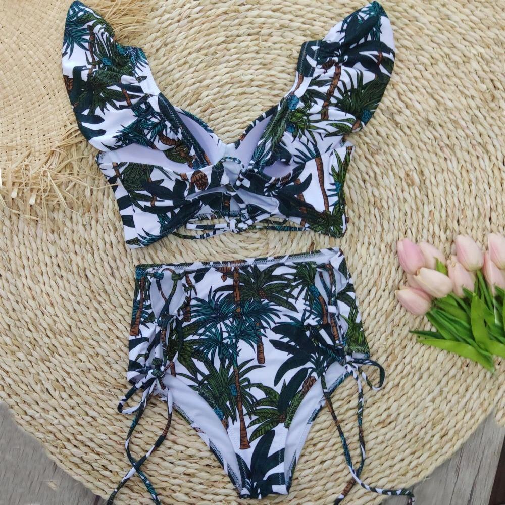 High Waist Swimwear Women Swimsuit Bikini Bandage Set Padded Bathing Suit Leaf Print