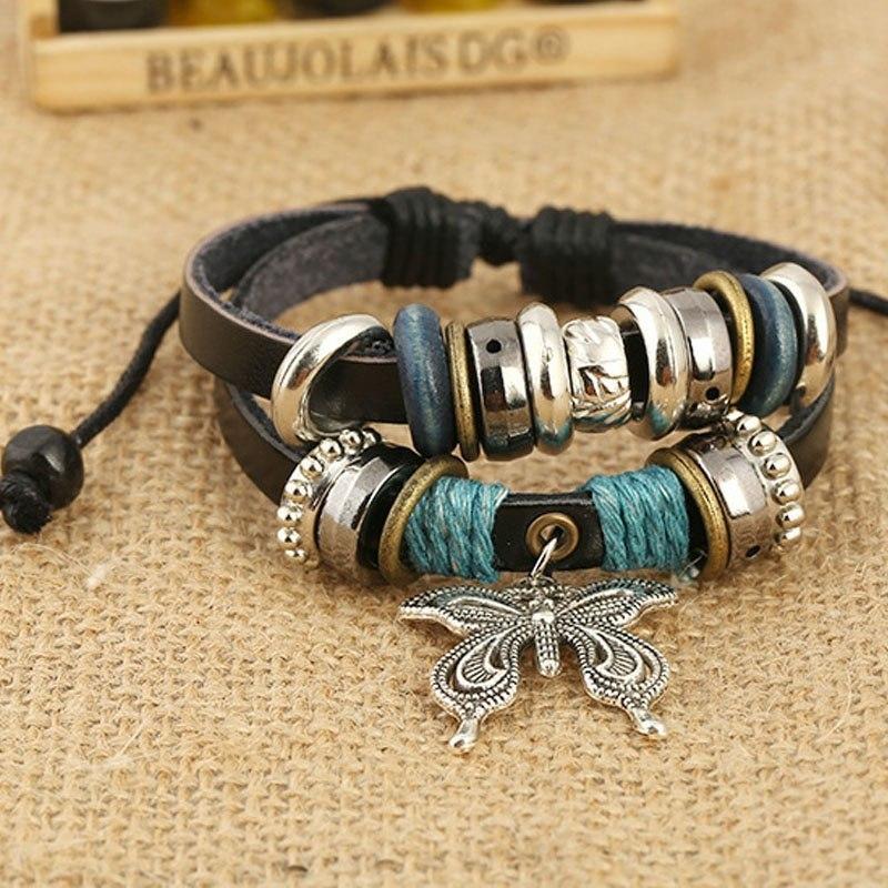 1PCS Fashion Women Men Vintage Multilayer Butterfly Wood Bead Leather Braided Strand Bracelet