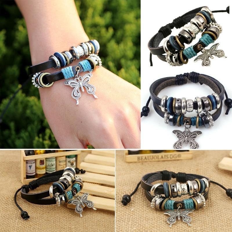 1PCS Fashion Women Men Vintage Multilayer Butterfly Wood Bead Leather Braided Strand Bracelet