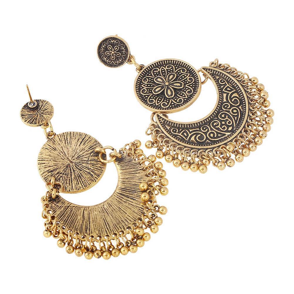 3 Colors Bohemian Indian Antique Moon Shape Carved Flower Tassels Earrings