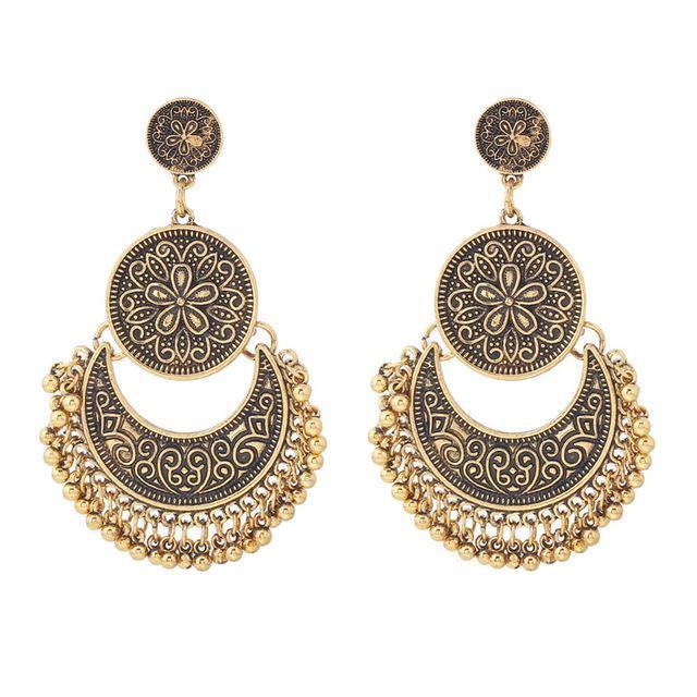 3 Colors Bohemian Indian Antique Moon Shape Carved Flower Tassels Earrings