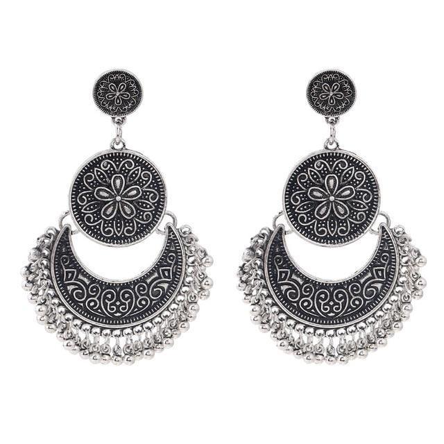 3 Colors Bohemian Indian Antique Moon Shape Carved Flower Tassels Earrings