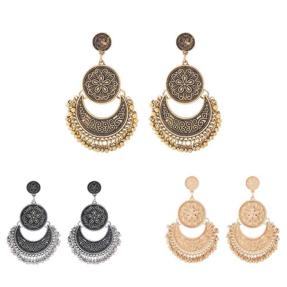 3 Colors Bohemian Indian Antique Moon Shape Carved Flower Tassels Earrings