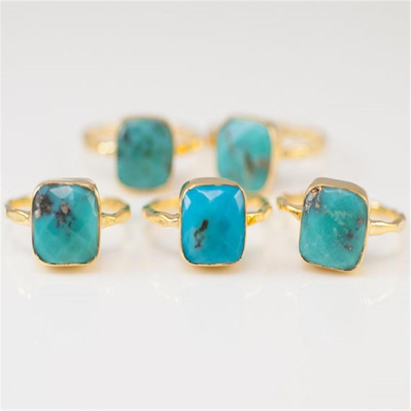 Natural Square Green Blue Stone Bohemia Style Gold Color Rings