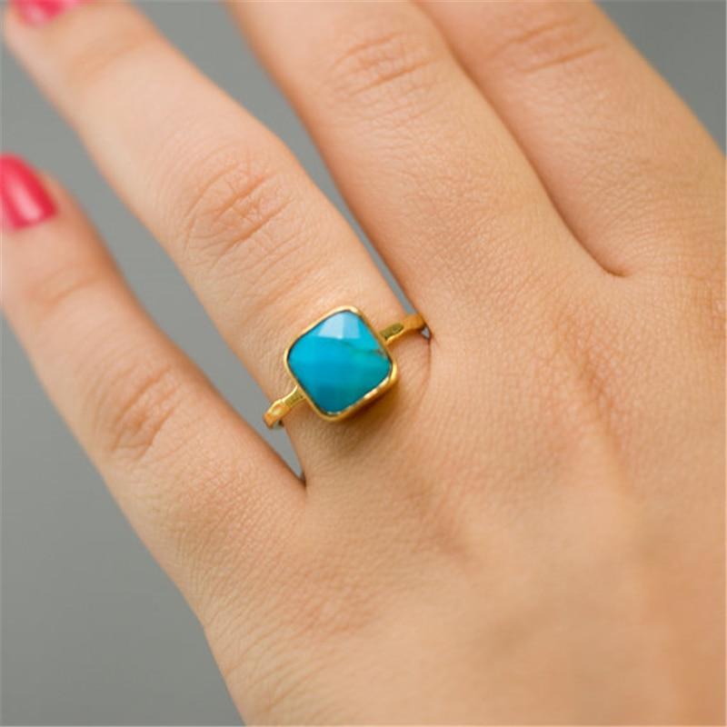 Natural Square Green Blue Stone Bohemia Style Gold Color Rings