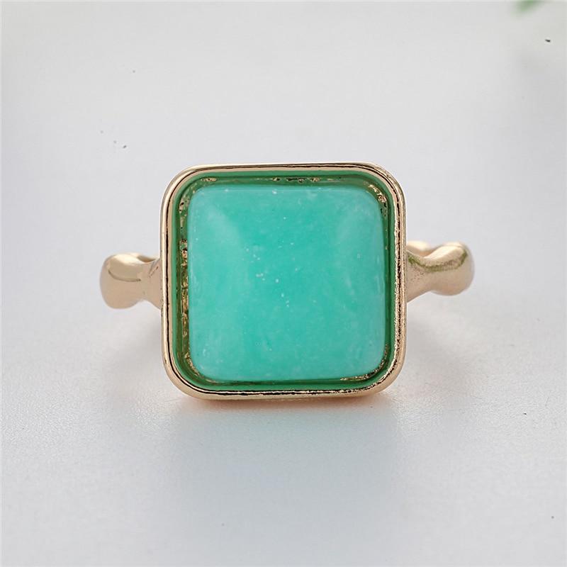 Natural Square Green Blue Stone Bohemia Style Gold Color Rings