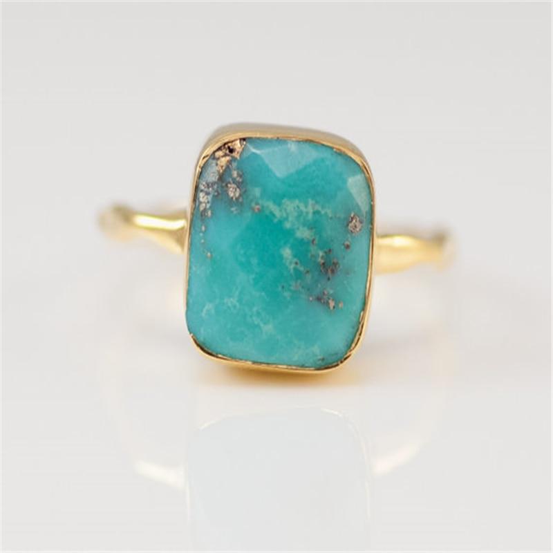 Natural Square Green Blue Stone Bohemia Style Gold Color Rings