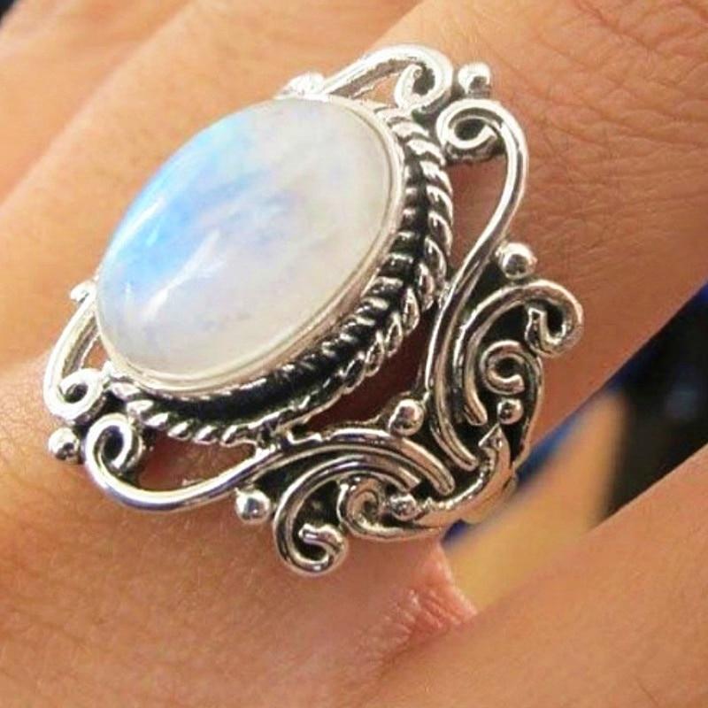 Vintage Large Oval Moonstone Boho Ethnic Antique Silver Pattern Finger Ring