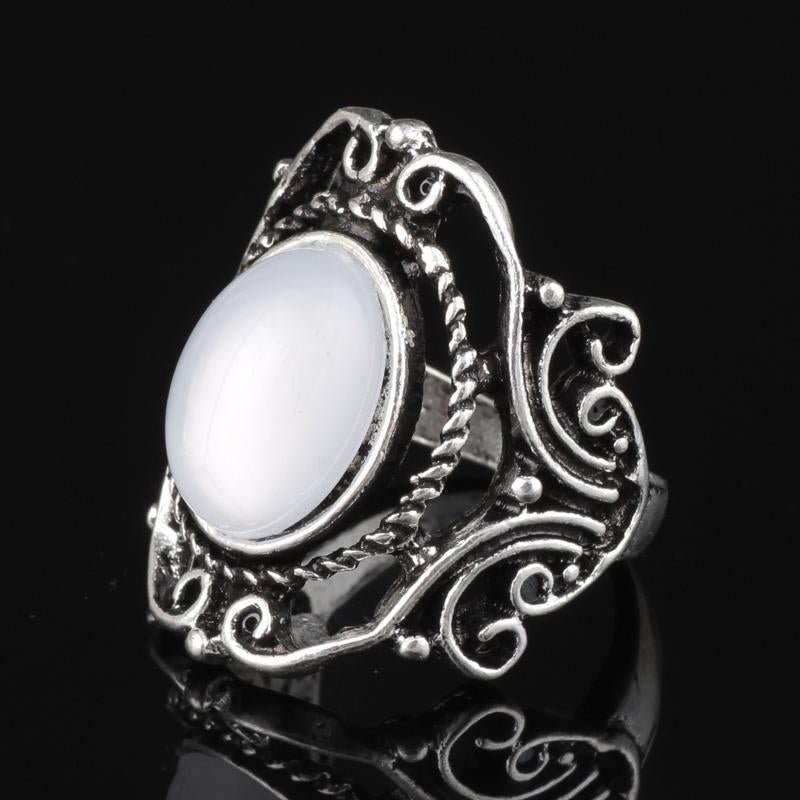 Vintage Large Oval Moonstone Boho Ethnic Antique Silver Pattern Finger Ring