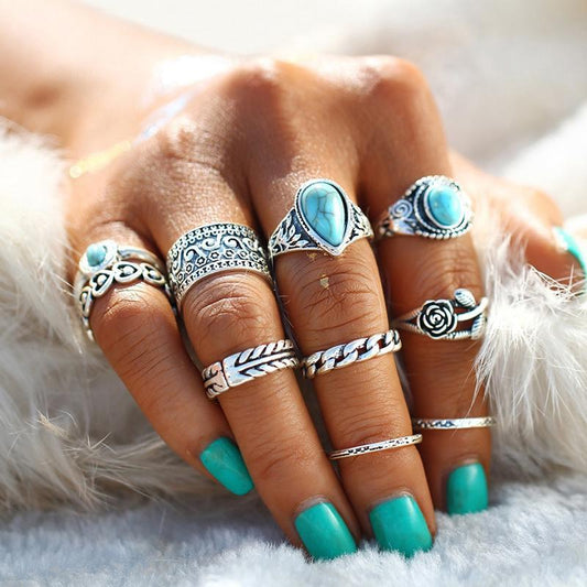 Creative 10PCS Set Simple Vintage Metal Turquoise Geometric Ring