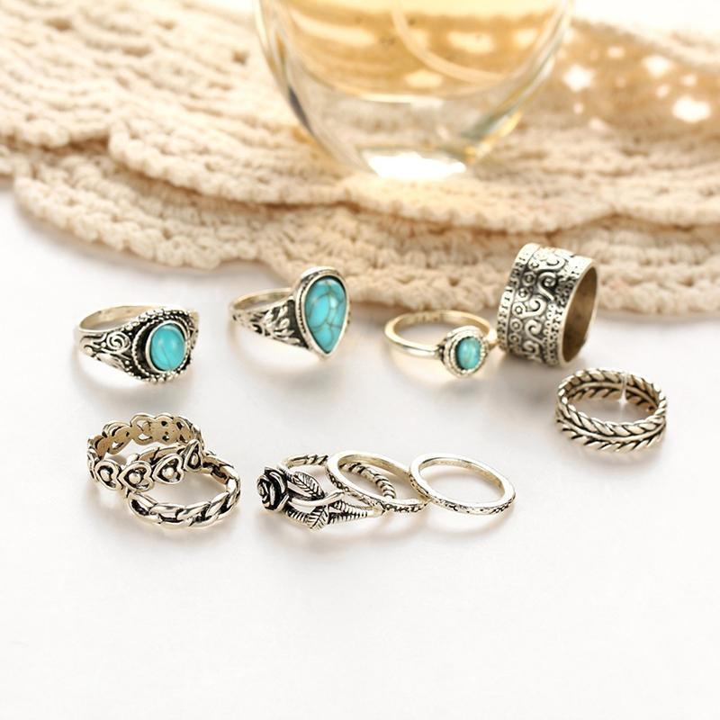 Creative 10PCS Set Simple Vintage Metal Geometric Ring