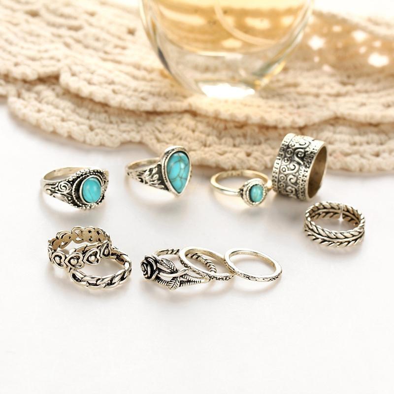 Creative 10PCS Set Simple Vintage Metal Turquoise Geometric Ring