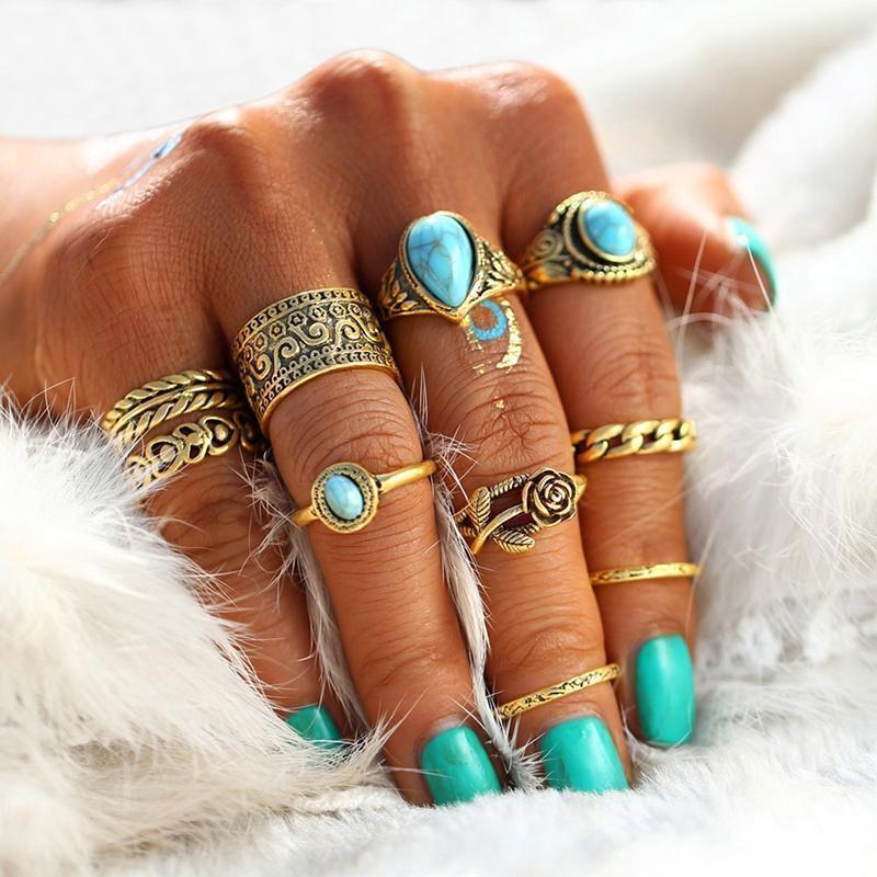 Creative 10PCS Set Simple Vintage Metal Geometric Ring